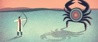 Illustration of a doctor aiming a bow and arrow at a large crab with a target on its back, symbolizing cancer treatment.